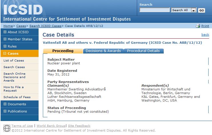 ICSID-Webseite: Einzige Informationsquelle zur Vattenfall-Klage für Abgeordnete